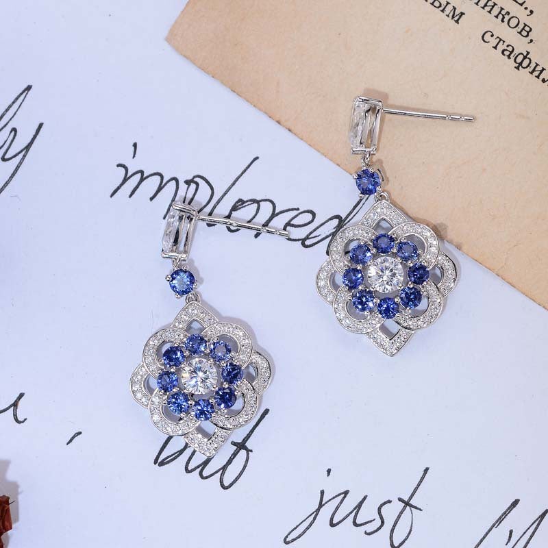 Lab-Created Sapphires Flower Silver Drop Earrings for Women