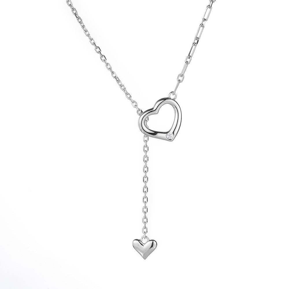 (Two Colours) White Zircon Double Hearts Pendants Adjustable 925 Silver Collarbone Necklace for Women