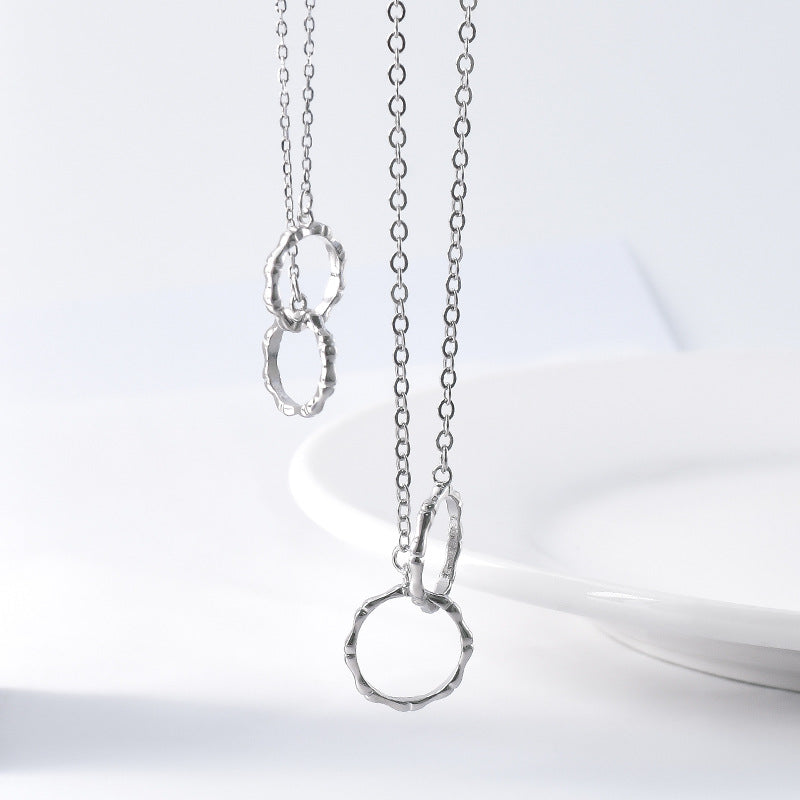 Bamboo Double Circle Buckle Silver Couple Necklace for Women