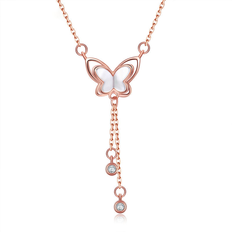 Mother-of-pearl Butterfly Tassel with Zircon Silver Necklace for Women