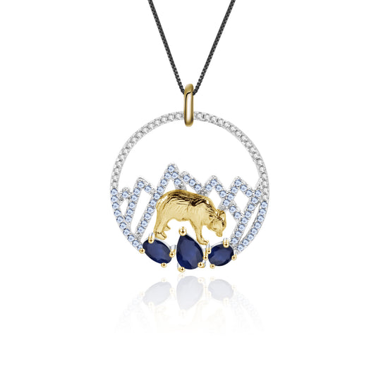 Animal Element Design Inlaid Sapphires Bear Circle Pendant Silver Necklace for Women