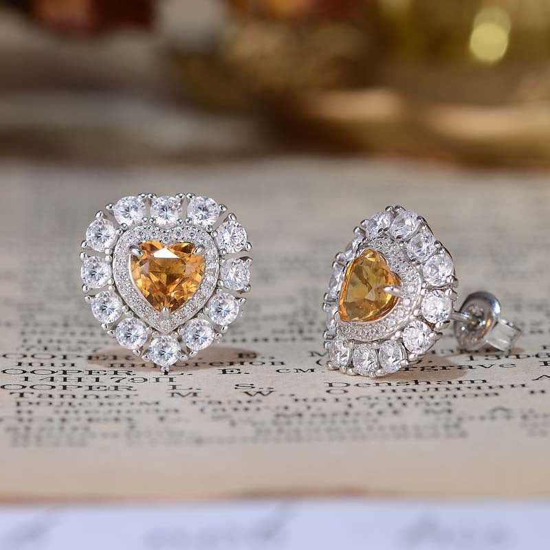 Natural Yellow Crystal 6*6mm Heart Shape Soleste Halo Silver Studs Earrings for Women