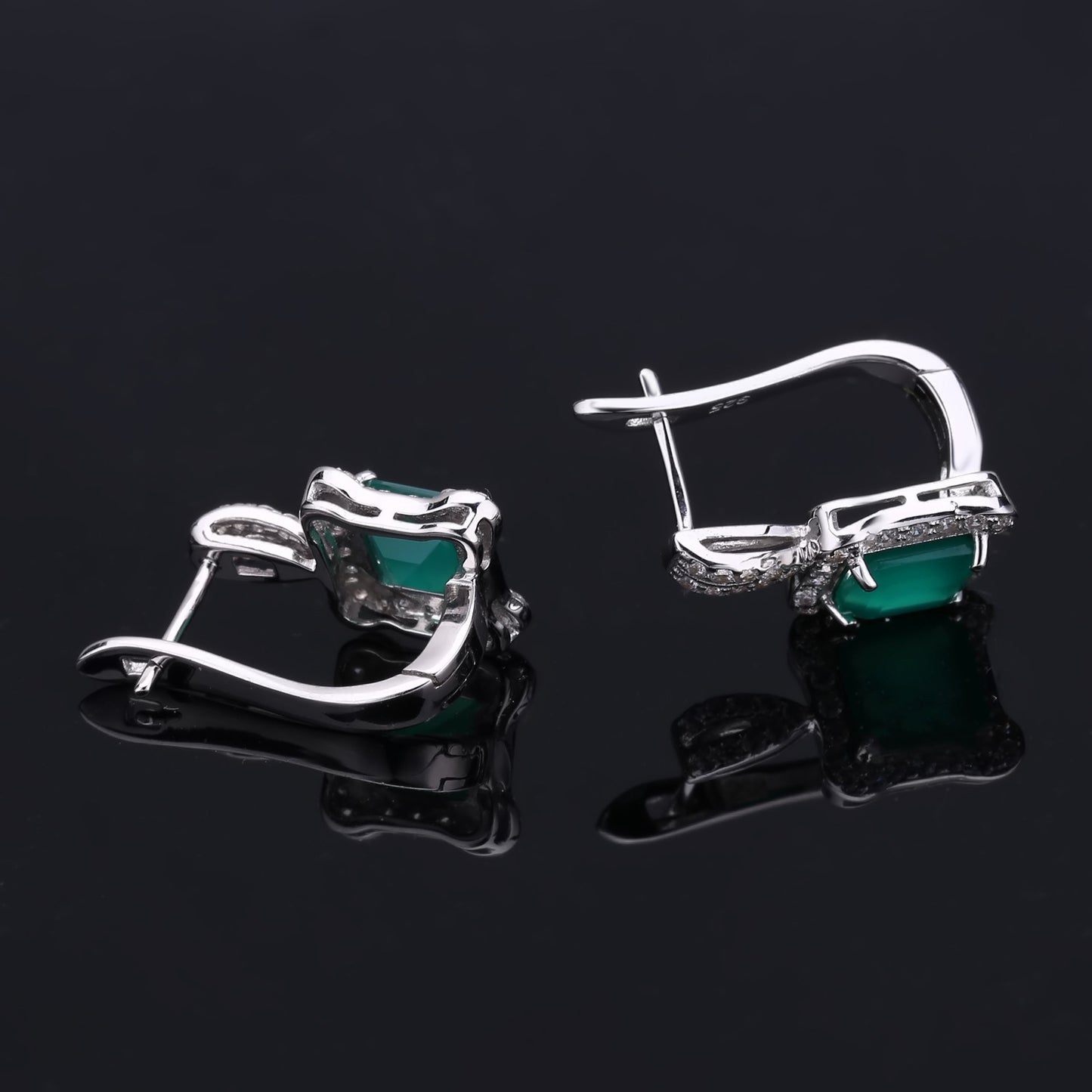 Natural Green Agate Soleste Halo Square Silver Studs Earrings for Women