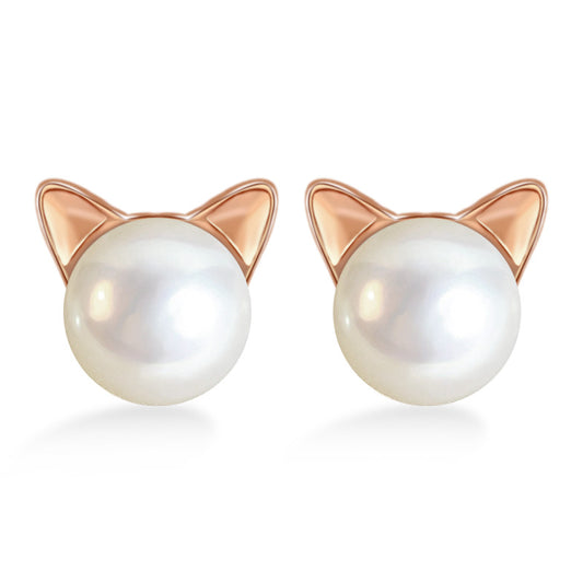 Pearl Little Cat Silver Stud Earrings for Women