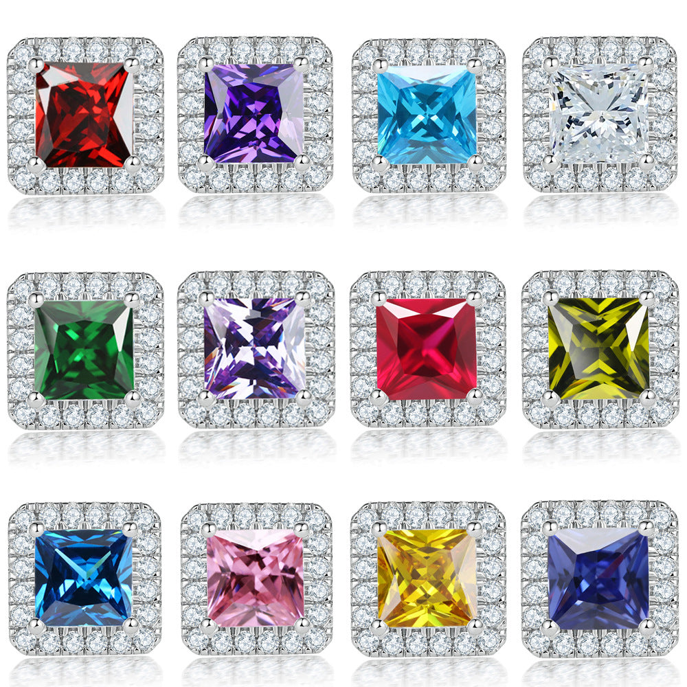 Princess Cut Zircon Soleste Halo Silver Studs Earrings for Women