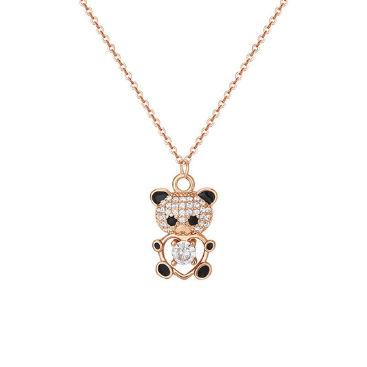 Zircon Little Panda Pendant Silver Necklace for Women