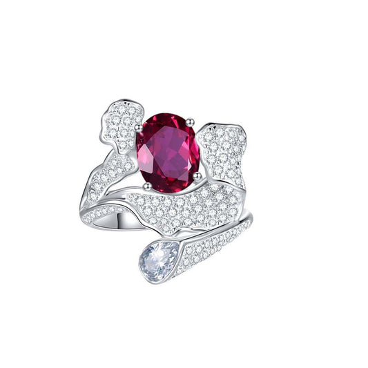 Lab-Created Ruby 7*9mm Oval Ice Cut Waves Luxurious Silver Ring for Women