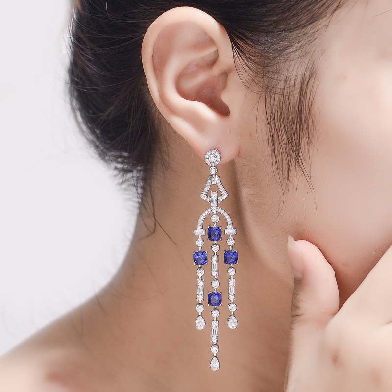 Lab-Created Sapphires Tassels Silver Drop Earrings for Women