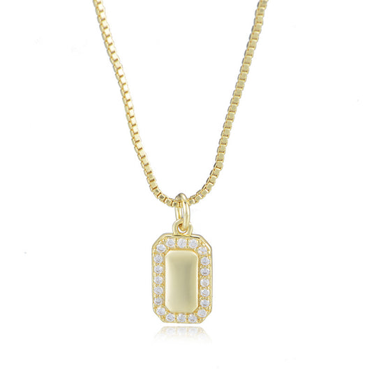 Smooth Rectangle with Zircon Soleste Halo Pendant Silver Necklace for Women