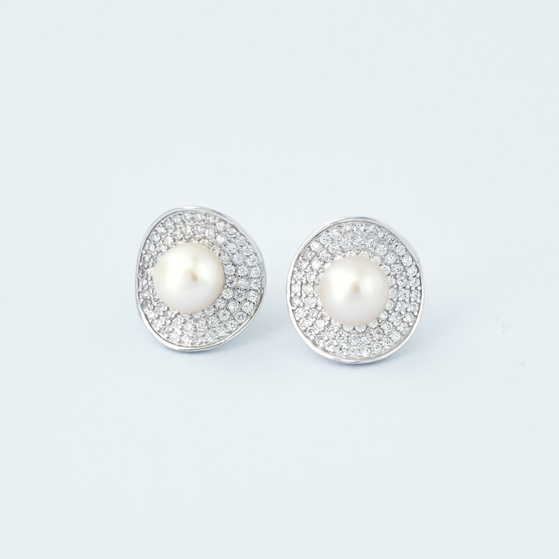 Curved Surface Full Zircon Freshwater Pearl Silver Stud Earrings for Women