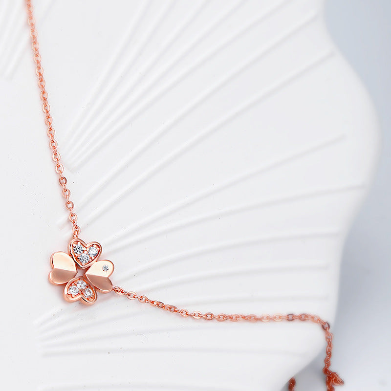 Four Heart-shape Leaves Clover with Zircon Silver Necklace for Women