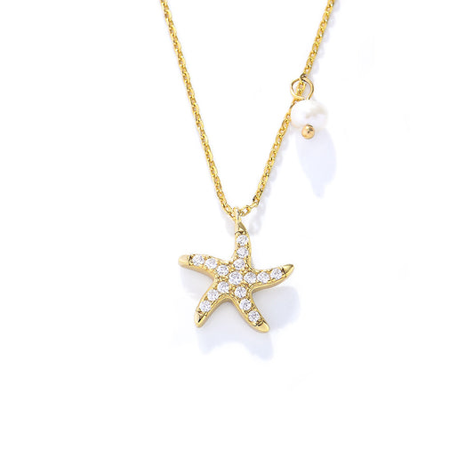 Full Zircon Starfish with Pearl Sterling Silver Collarbone Necklace for Women