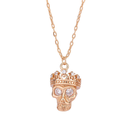 Retro Crown Skull with Zircon Pendant Silver Necklace for Women