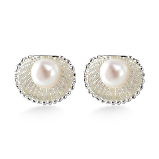 Freshwater Pearl Scallop Silver Stud Earrings for Women