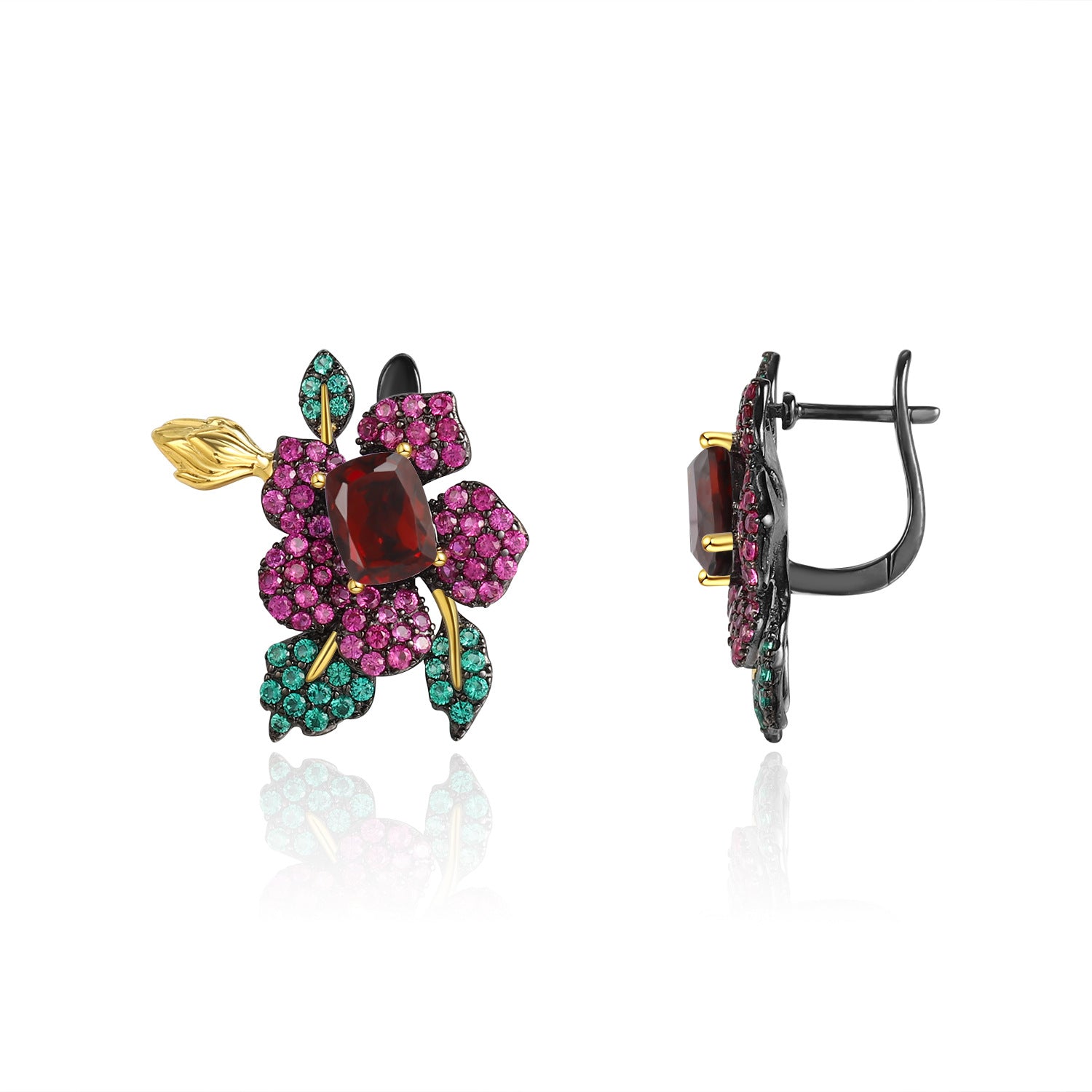 Natural Style Inlaid Colourful Gemstone Flower Silver Studs for Women