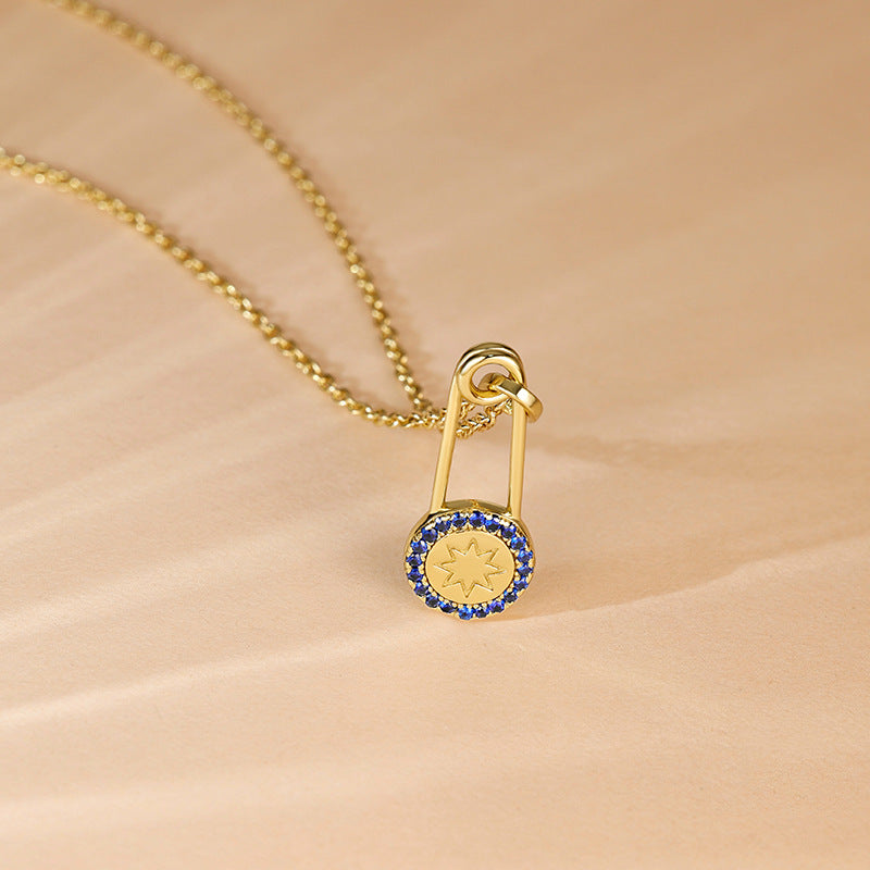 Paper Clip with Blue Zircon Pendant Silver Necklace for Women