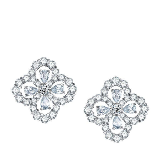 White 5A Zircon Water Droplets Clover Silver Studs Earrings for Women