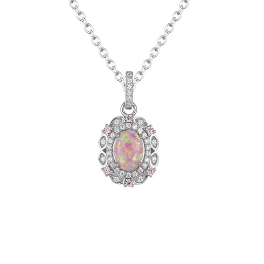(Pendant Only) Pink Opal Stone with Zircon Soleste Halo Silver Pendant for Women