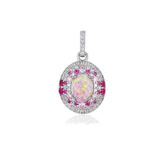 (Pendant Only) Pink Oval Opal Stone with Zircon Silver Pendant for Women