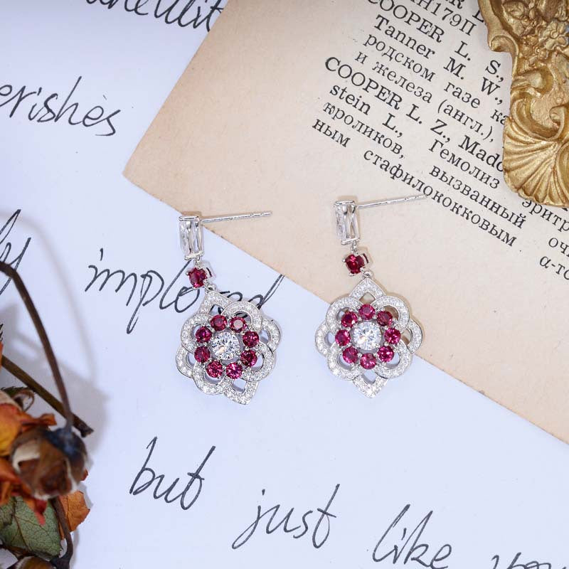 Lab-Created Ruby Flower Silver Drop Earrings for Women