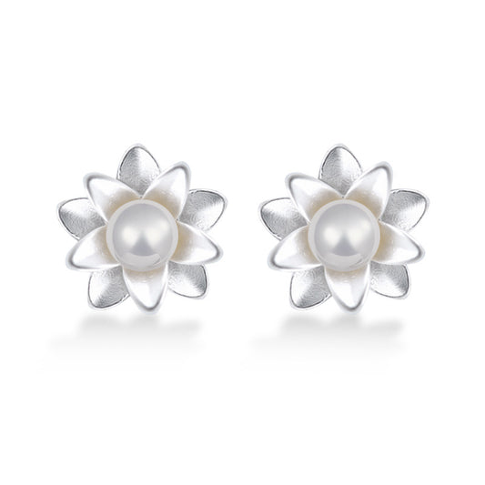 Frosting Flower with Freshwater Pearl Silver Stud Earrings for Women