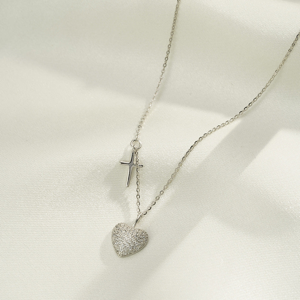 (Two Colours) White Zircon Heart with Crucifix Pendants 925 Silver Two-ply Collarbone Necklace for Women