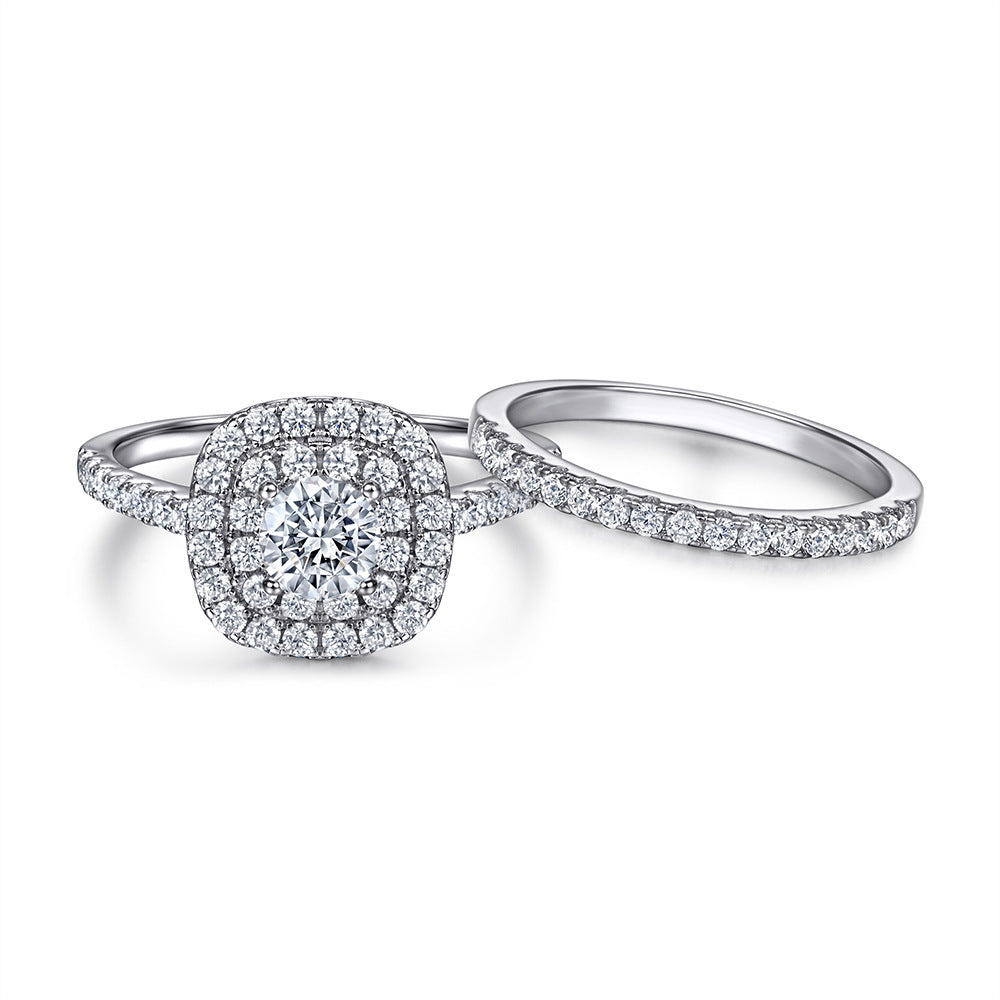 Round Zircon Double Square Soleste Halo with Half Eternity Silver Ring Set