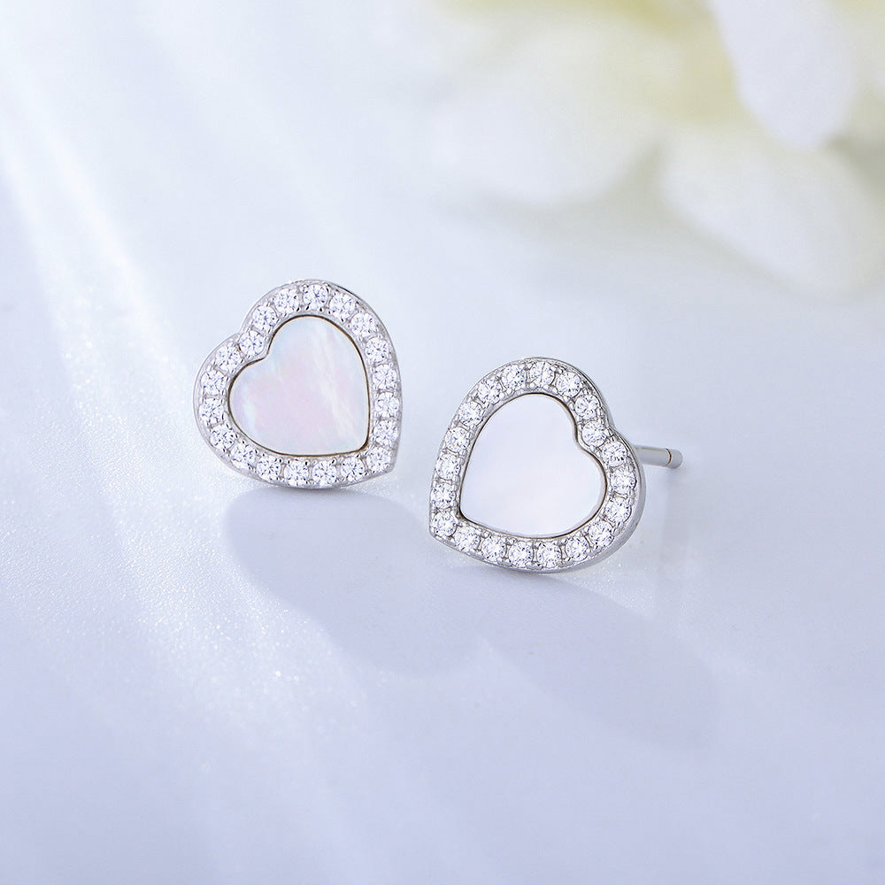 Heart-shaped Mother of Pearl with Zircon Silver Studs Earrings for Women