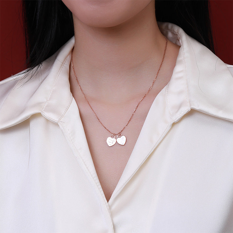 Double Heart with Mother-of-pearl and Letter Pattern Pendant Silver Necklace for Women