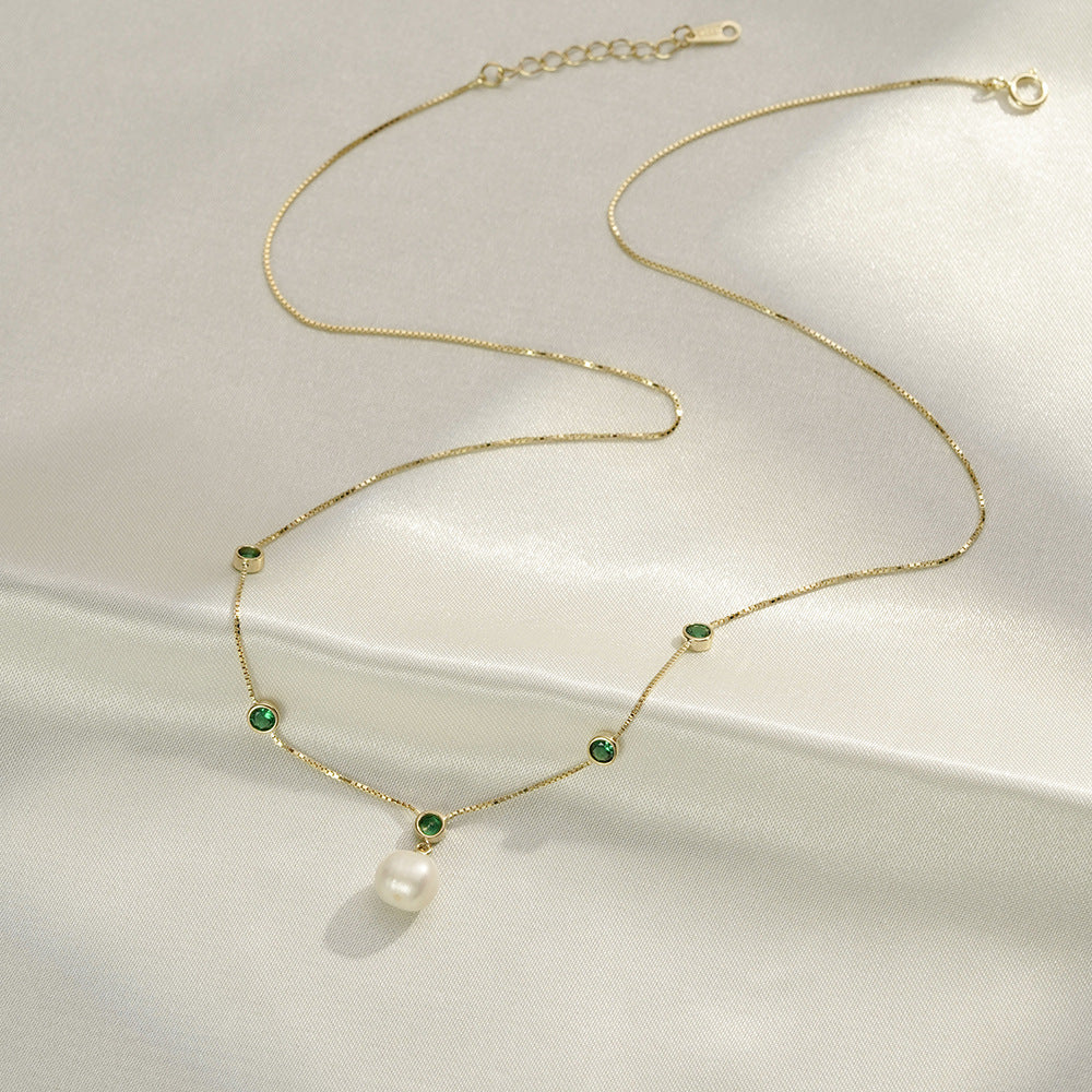 (Two Colours) Emerald Colour Zircon with Natural Pearl Pendants 925 Silver Collarbone Necklace for Women