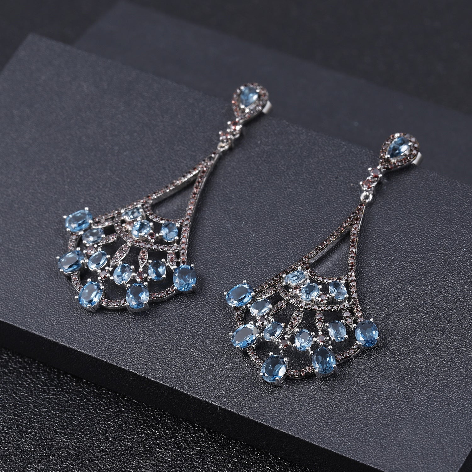 Natural Colourful Gemstones Fan-shaped Silver Drop Earrings for Women