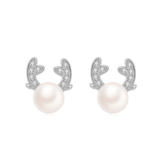 Pearl Deer with Zircon Antler Silver Stud Earrings for Women