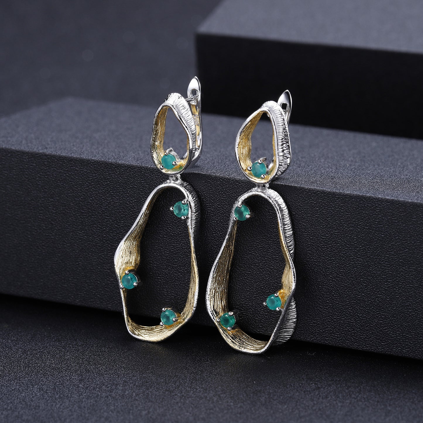 Italian Design Inlaid Natural Colourful Gemstone Creative Silk Ribbon Shape Silver Drop Earrings for Women
