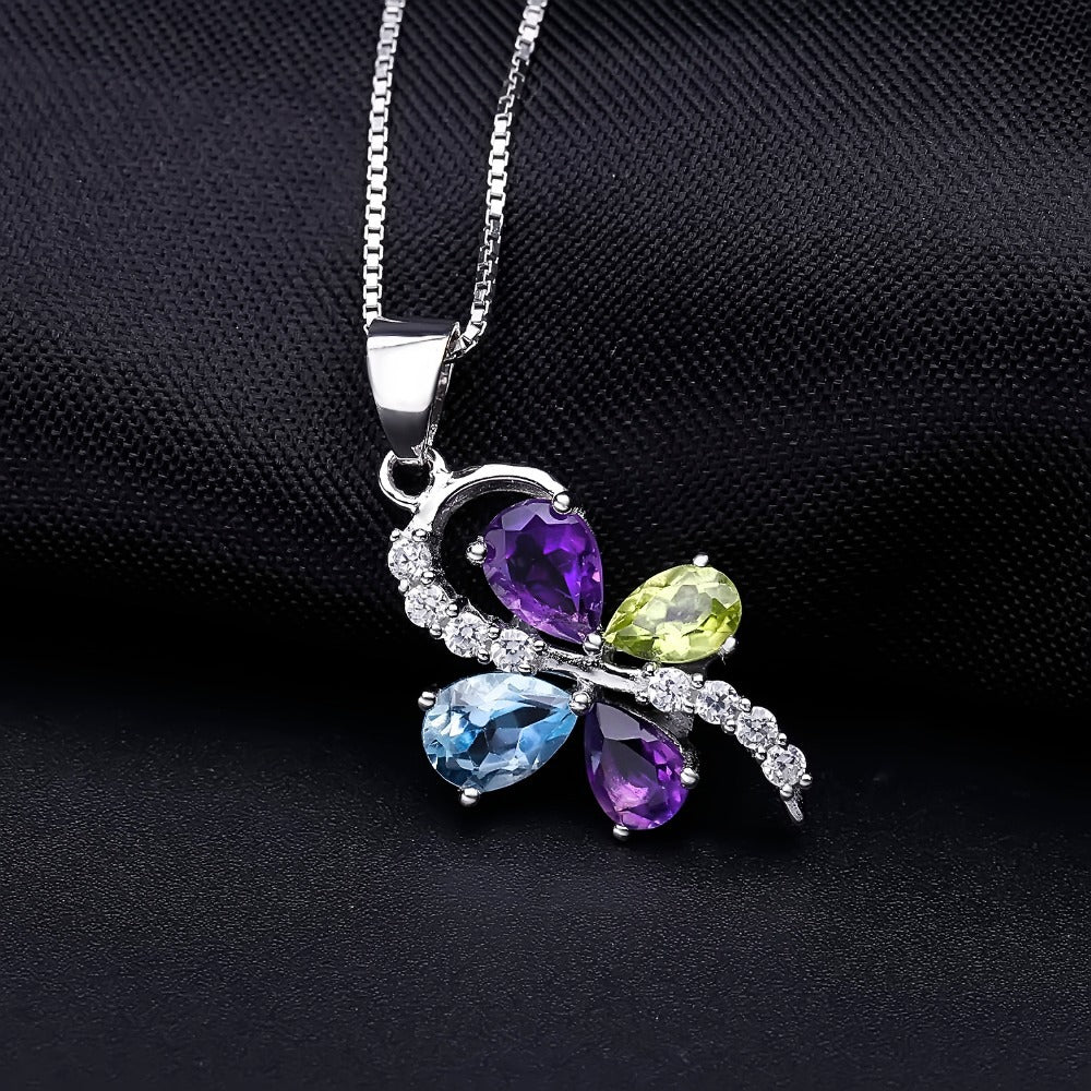 Luxury Design Inlaid Natural Colourful Gemstone Creative Four-leaf Clover Pendant Silver Necklace for Women