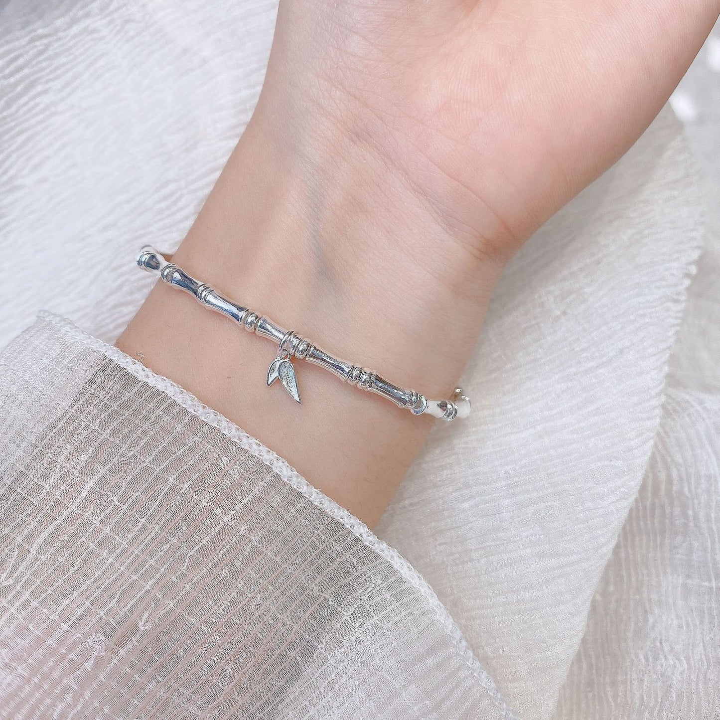 Bamboo with Leaf Silver Bracelet for Women