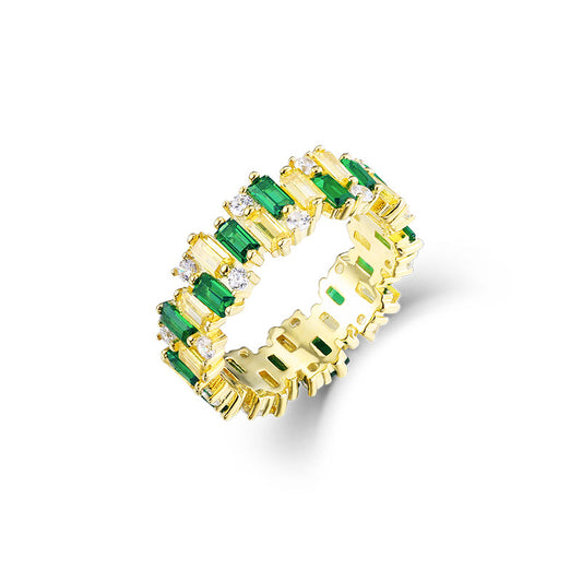 Emerald Cut Green and Yellow Zircon Beaded Silver Ring for Women