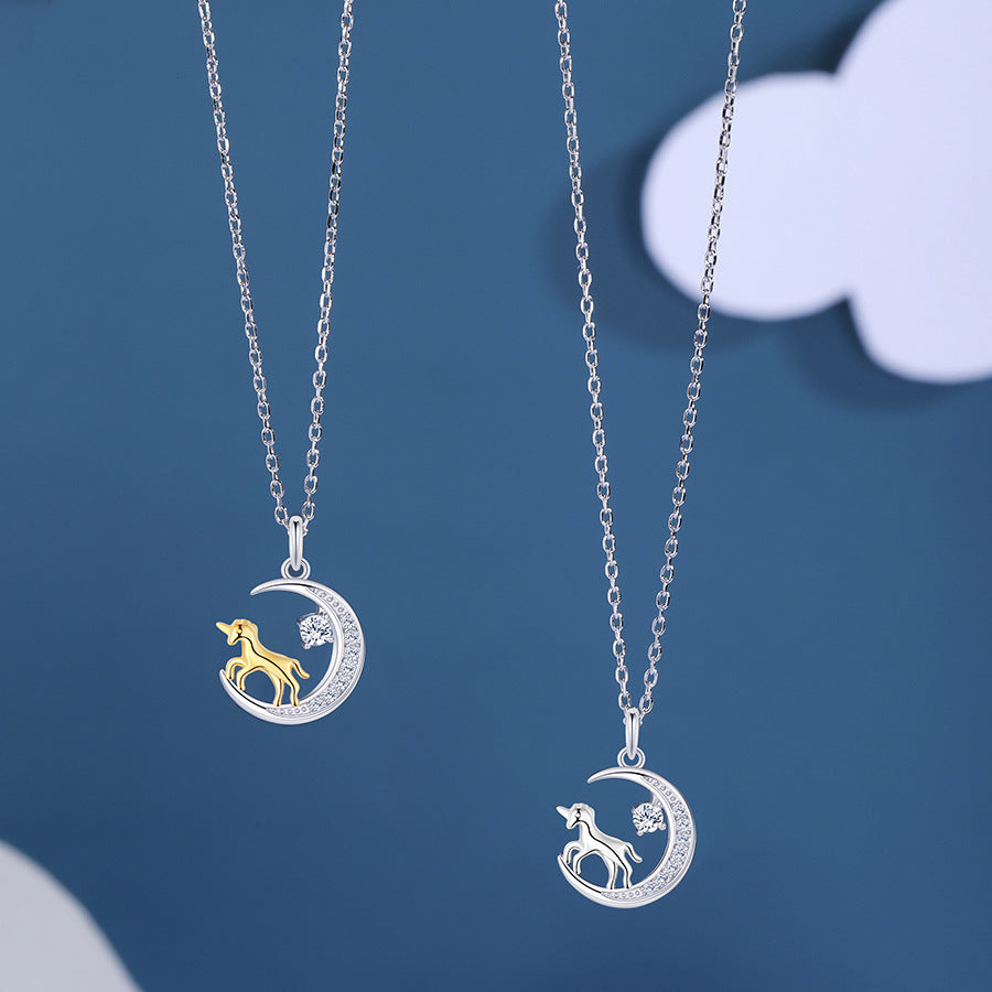 Unicorn with Zircon Moon Silver Necklace for Women