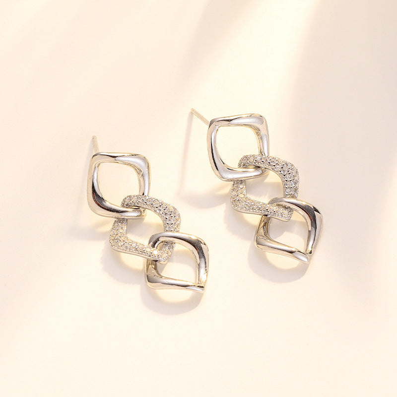 Three Rhombus Buckle with Zircon Silver Drop Earrings for Women