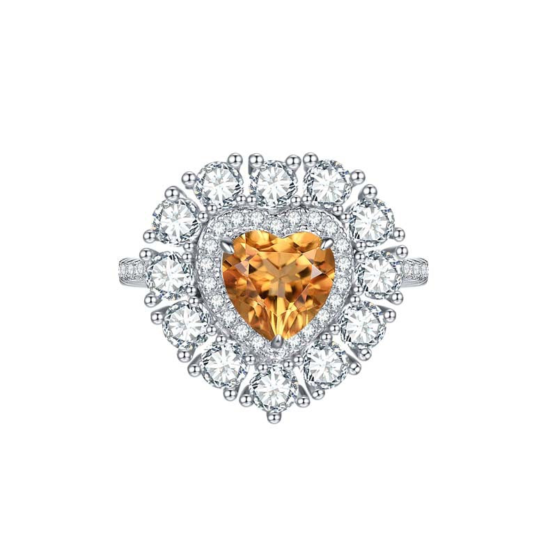Natural Yellow Crystal 7*7mm Heart Shape Soleste Halo Silver Ring for Women