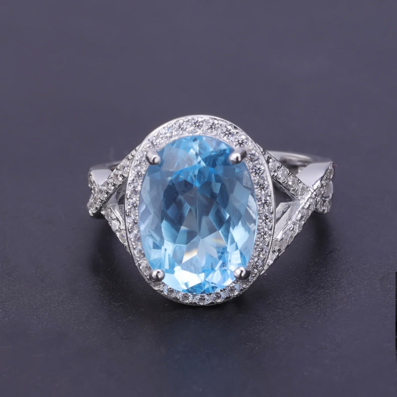 Natural Topaz 10*14mm Oval Soleste Halo Silver Ring for Women