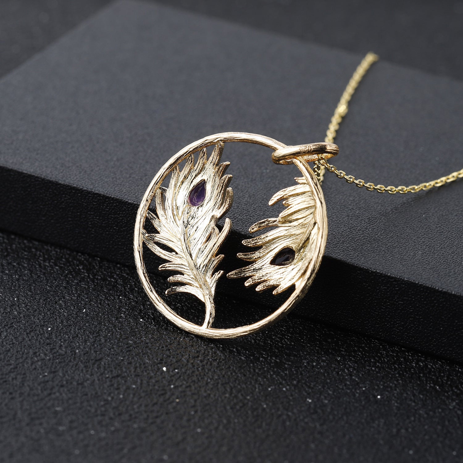 Senior Personalized Design Natural Amethyst Gold Colour Feather Pendant Silver Necklace for Women