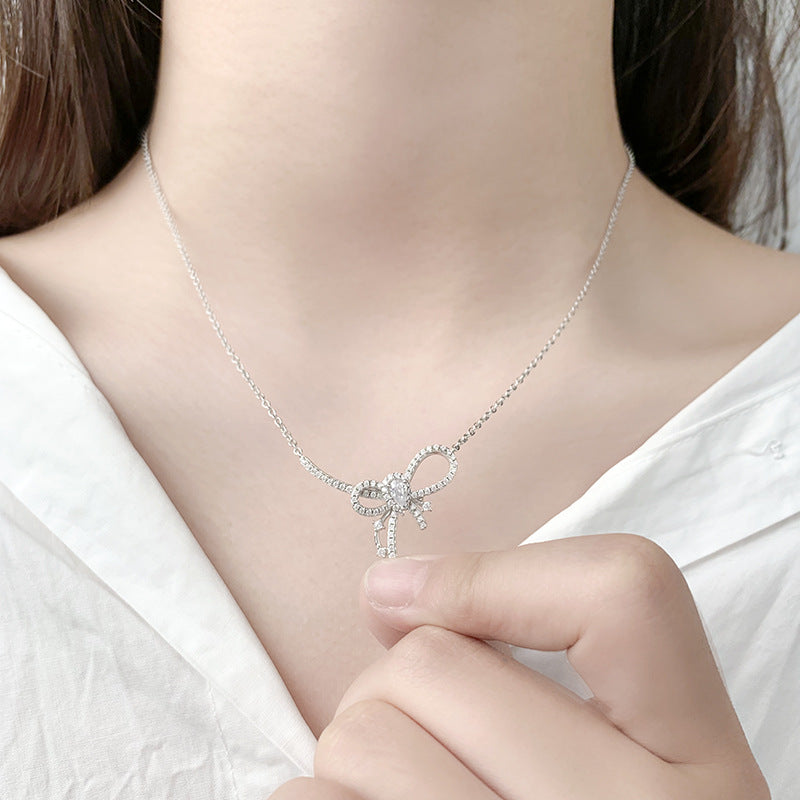 Full Zircon Bow Pendant Silver Necklace for Women