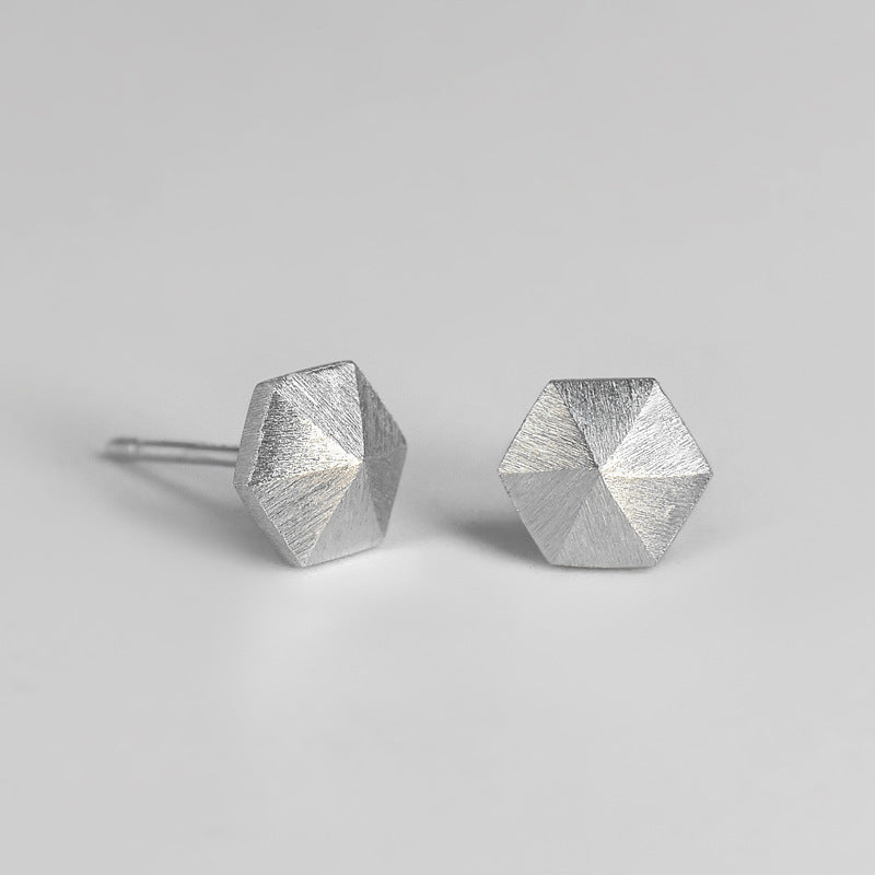 Brushed Stereoscopic Hexagon Silver Stud Earrings for Women