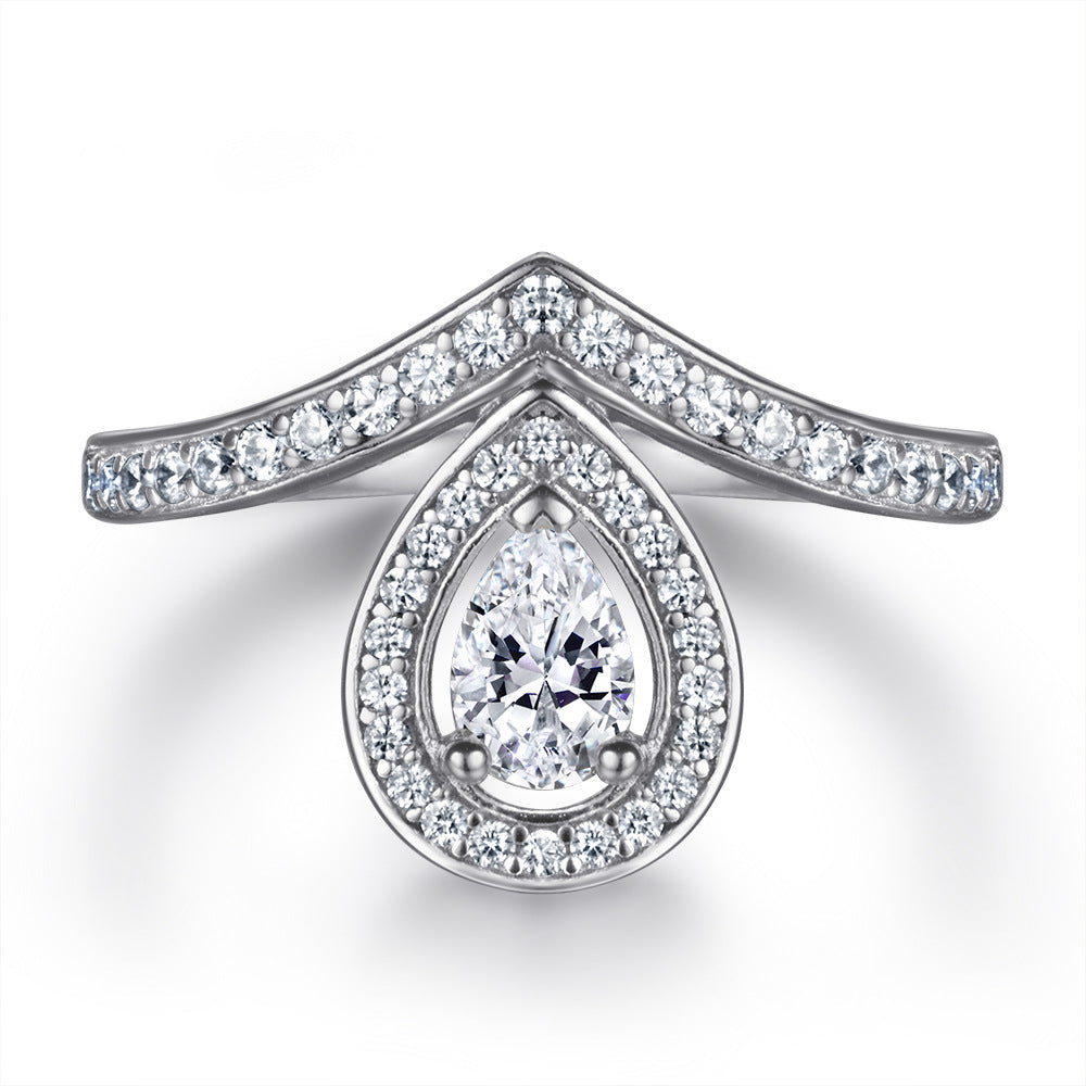 Pear Drop Zircon Soleste Halo with Pearl V-shape Silver Ring Set