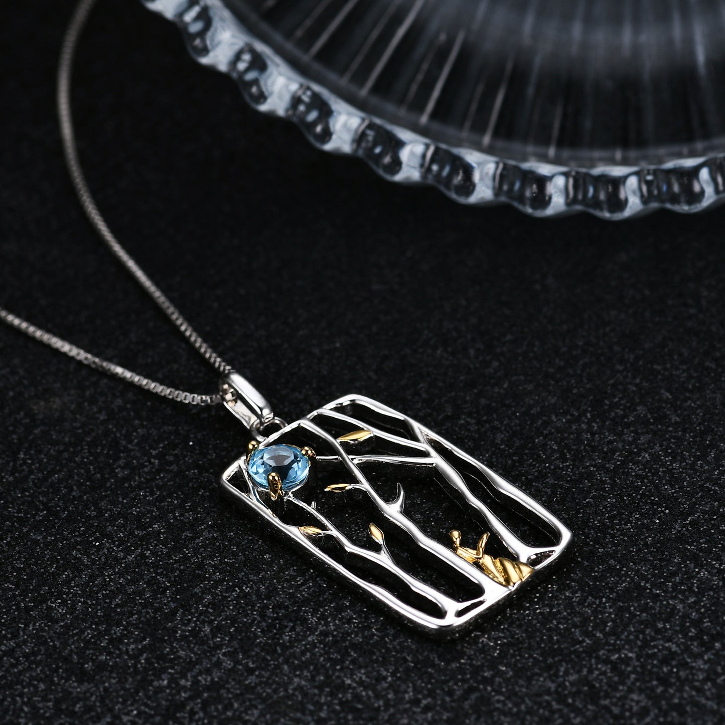 Italian Craftsman Jewelry Abstract Design Inlaid Natural Topaz Rectangle Pendant Silver Necklace for Women