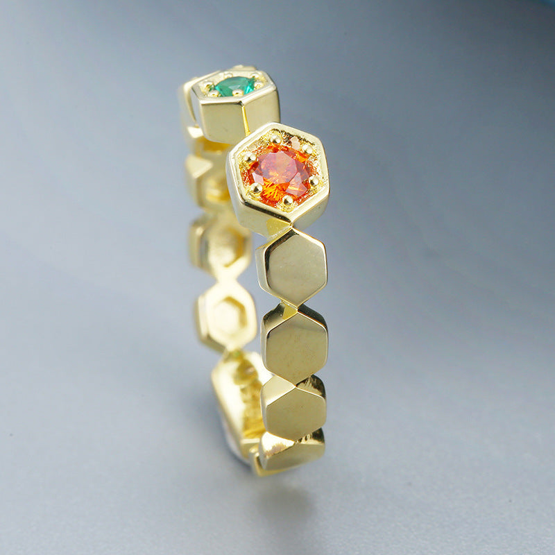 Colourful Zircon Honeycomb Silver Ring for Women