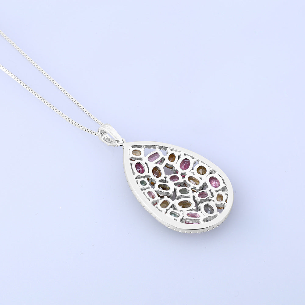European Fashion Design Inlaid Natural Colourful Gemstones Pendant Silver Necklace for Women