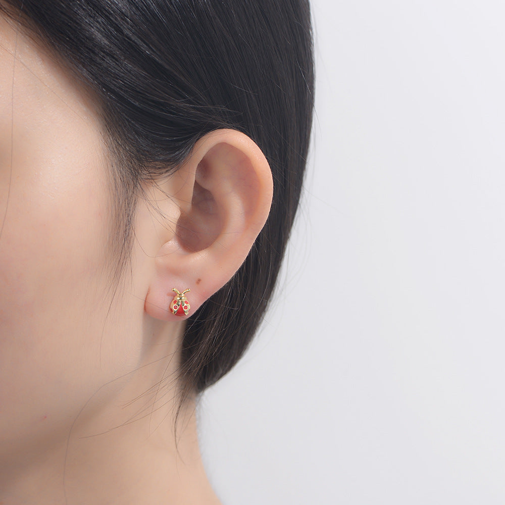 Enamel Seven-star Ladybug Silver Studs Earrings for Women