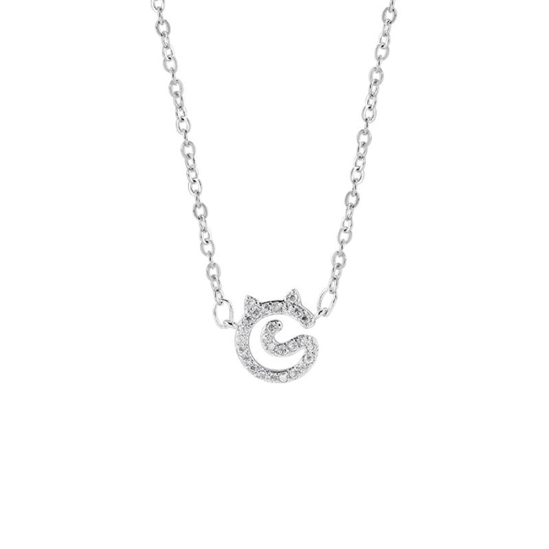 Zircon Cute Cat Pendant Silver Necklace for Women