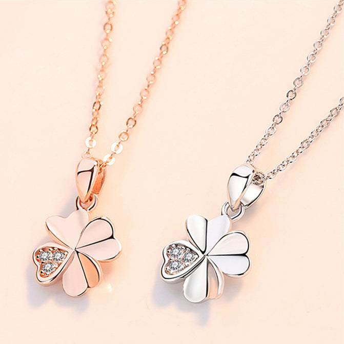 Valentine's Day Gift Heart-shape Leaf Clover with Zircon Silver Necklace for Women